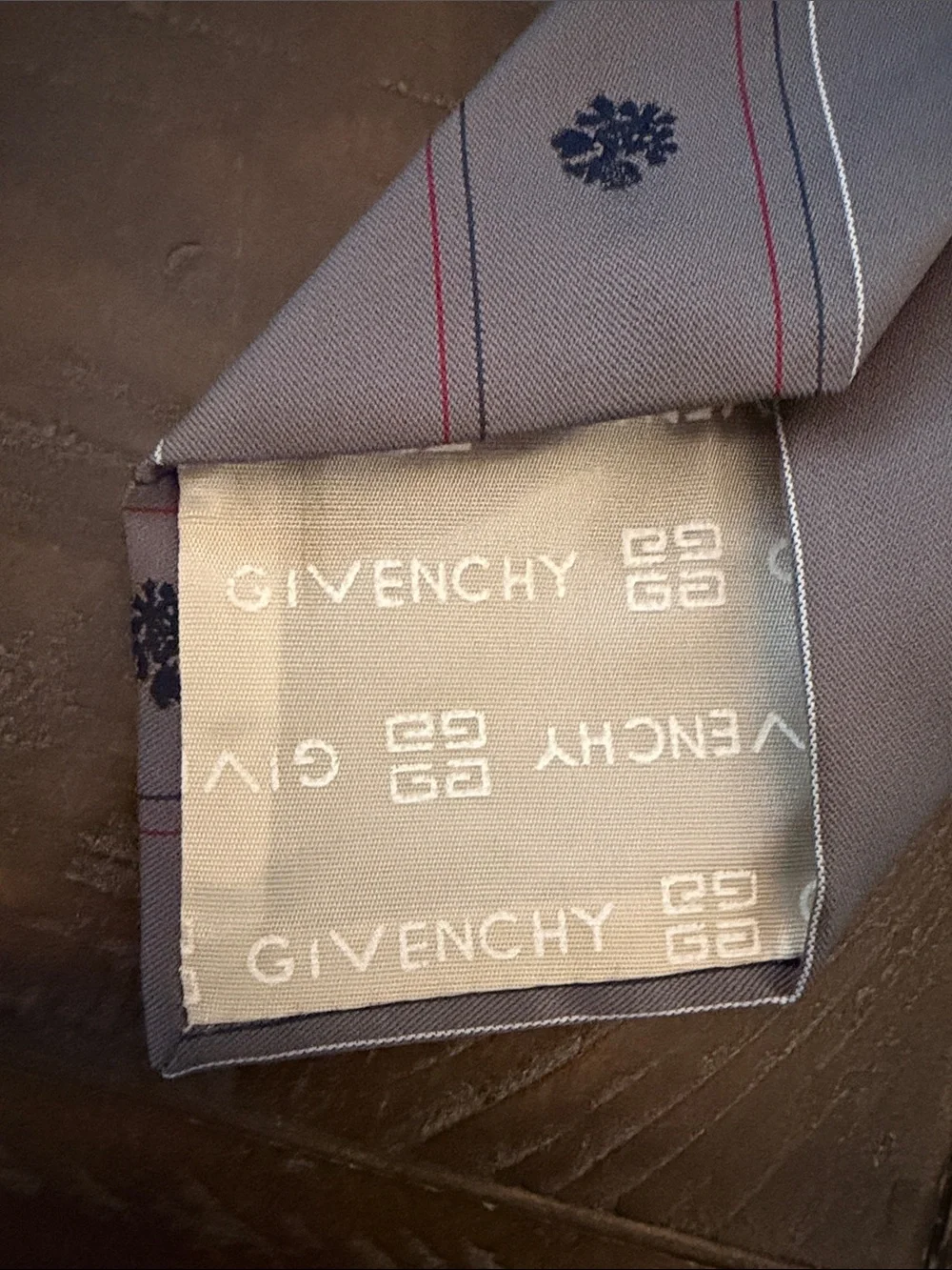 Givenchy Gray Silk Tie with Navy Medallions and Red Pinstripes